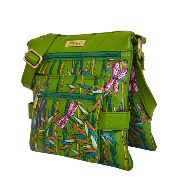 Hand-Painted Leather Women Green Multi-Compartment Crossbody Sling Bag - Picture 3 of 8